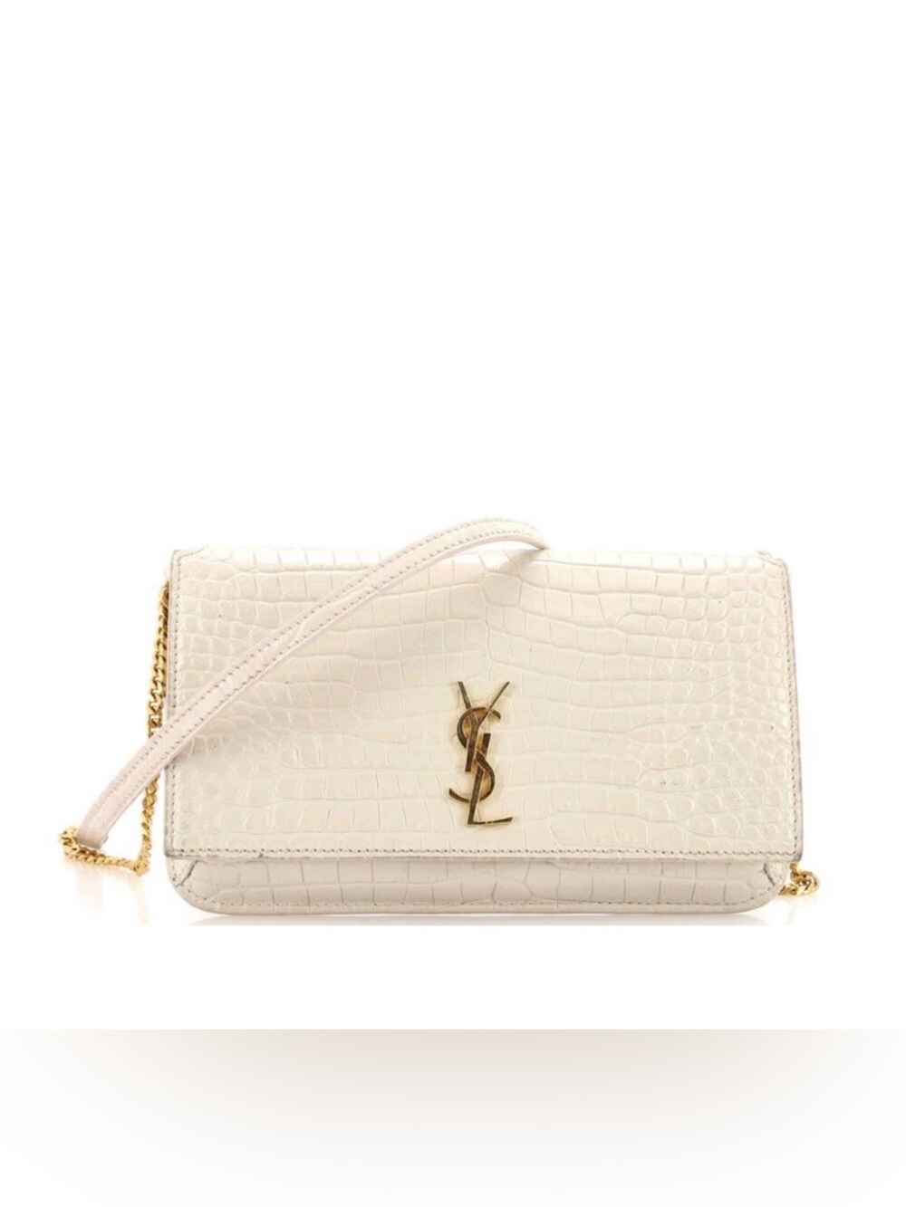 Saint Laurent Cream Croc-Embossed YSL Chain Crossbody Bag